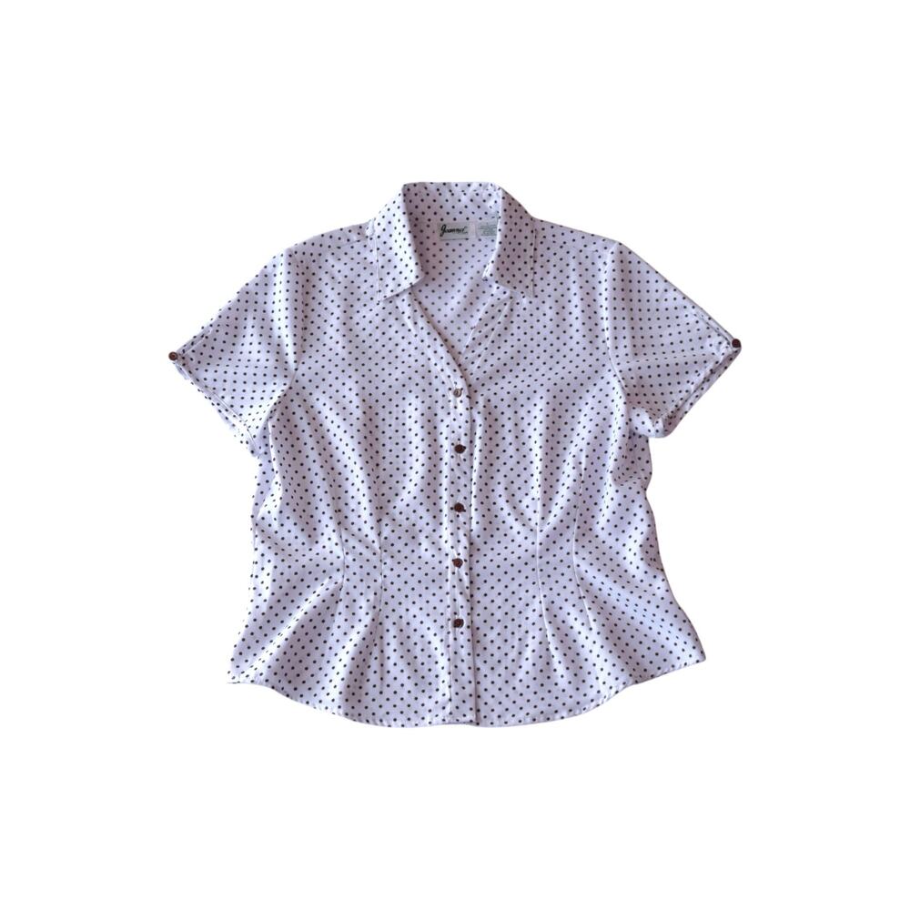 Vintage 90s Polka Dot Blouse White Brown Semi Sheer Size L